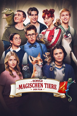 Plakat DIE SCHULE DER MAGISCHEN TIERE 4 DER FILM. Gezeigt werden acht Jugendliche und verschiedene Tiere, darunter eine Schildkröte, eine Eule, ein Pinguin und ein Fuchs. Im Hintergrund sind die hohen Decken eines Gebäudes zu erkennen.