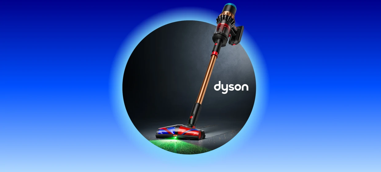  Kabelloser Dyson Staubsauger mit Bodenbürste und LED-Licht schwebend vor dunklem Hintergrund, Fokus auf Design und Reinigung
