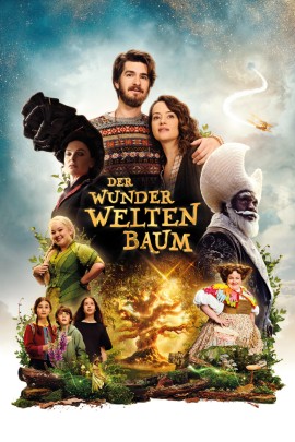 Filmplakat zu „Der Wunderweltenbaum“ mit mehreren Kindern vor einem riesigen, märchenhaften Baum. Zwischen den weit verzweigten Ästen leuchten fantastische Welten und magische Wesen in kräftigen Blau-, Grün- und Goldtönen.