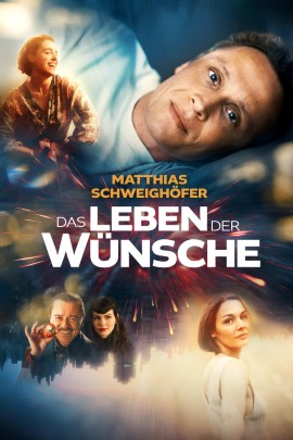 Filmplakat zu Das Leben der Wünsche: Mehrere Szenen sind collageartig übereinandergelegt und zeigen unterschiedliche Personen in emotionalen Momenten. In der Mitte des Bildes leuchten Funken wie von einem Feuerwerk oder einer Explosion, die das Motiv dynamisch bündeln. Darüber steht der Name Matthias Schweighöfer in goldener Schrift. Unten ist der weiße Filmtitel Das Leben der Wünsche vor einem dunklen, unscharfen Hintergrund zu sehen.