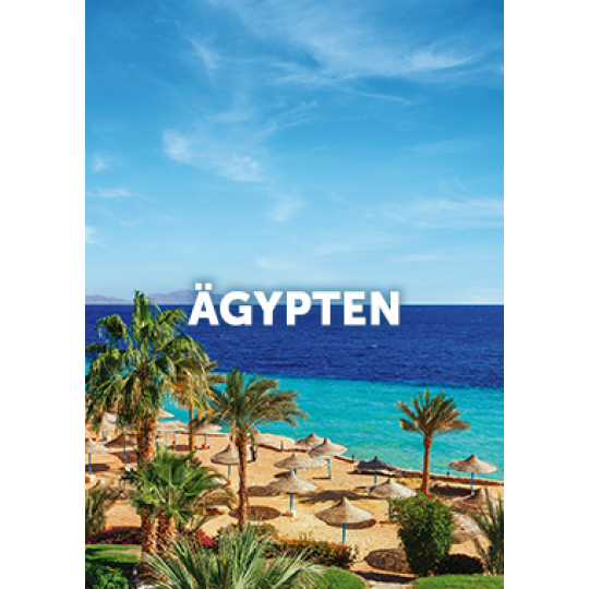 Meer und Strand mit Palmen im Vordergrund, beschriftet mit Äypten