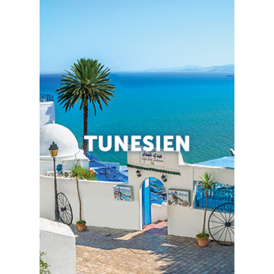 Meer mit Palme und weißen Häusern, beschriftet mit Tunesien