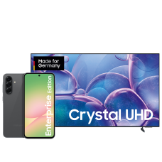 Frontansicht des Samsung TV GU55U7079FUXZG mit dem Samsung Galaxy A56 EE in Graphite (Dunkelgrau)