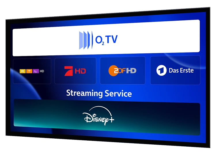  O2TV und Disney+ , RTL, Pro Sieben, ZDF und Das Erste Logos auf blauem Hintergrund 