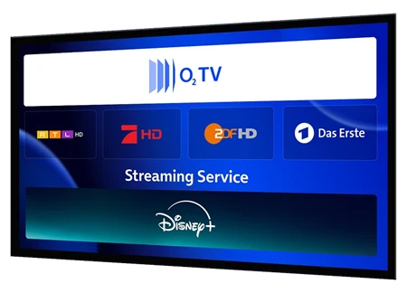  O2TV und Disney+ , RTL, Pro Sieben, ZDF und Das Erste Logos auf blauem Hintergrund 