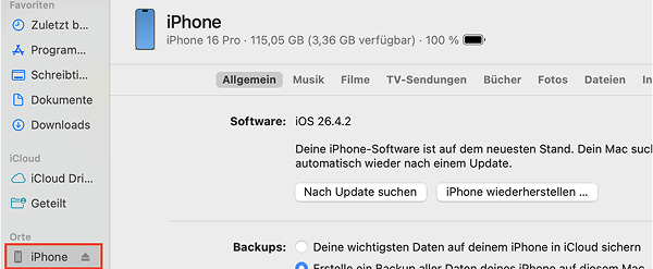 Verbundenes iPhone im Finder von macOS