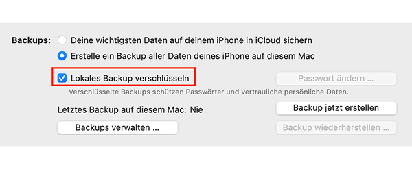 Backup-Menüpunkt „Lokales Backup verschlüsseln“
