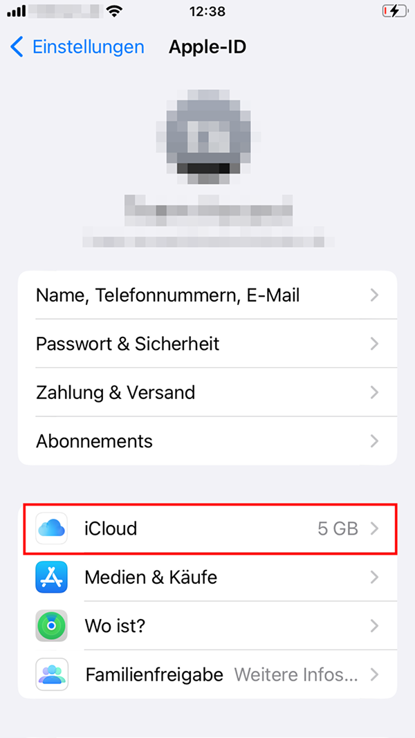Apple-ID-Profilbild und „Backup“-Schaltfläche in den Einstellungen