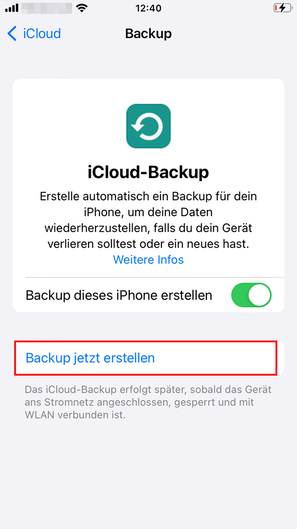 iCloud-Menüpunkt „Backup jetzt erstellen“