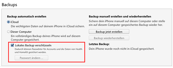 iTunes-Menüpunkt „Lokales Backup verschlüsseln“