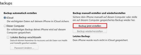 iTunes-Schaltfläche „Backup jetzt erstellen“