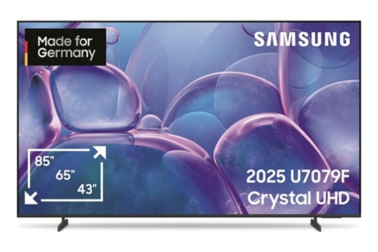  Samsung Smart TV. im Display steht groß in weiß: Crystal UHD 