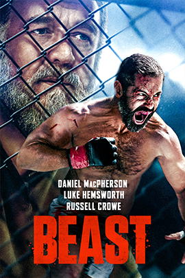 Filmplakat zu „Beast“: Zu sehen ist ein spannungsgeladenes Motiv mit bedrohlicher, naturbezogener Atmosphäre. Die Gestaltung arbeitet mit dunklen Farben, starken Kontrasten und einem Fokus auf Gefahr, Überleben und Konfrontation.