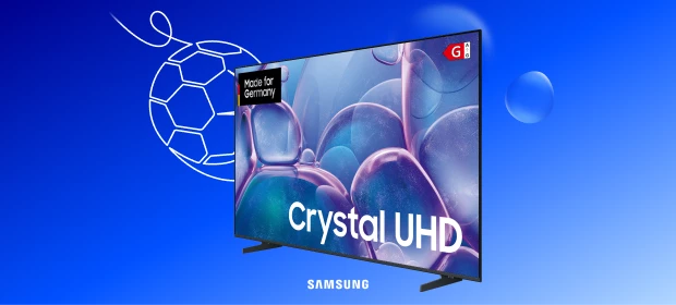  Samsung Crystal UHD Fernseher mit abstrakter Farbgrafik auf dem Bildschirm. 