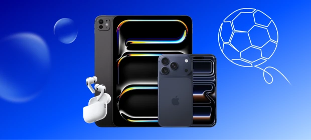  Apple-Geräte mit schwarzem iPad Pro, blauem iPhone und weißen AirPods. 