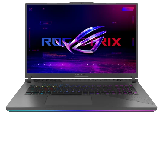  Gaming-Laptop in Frontalansicht mit RGB-Tastatur und ROG-Strix-Grafik auf dem Display. 