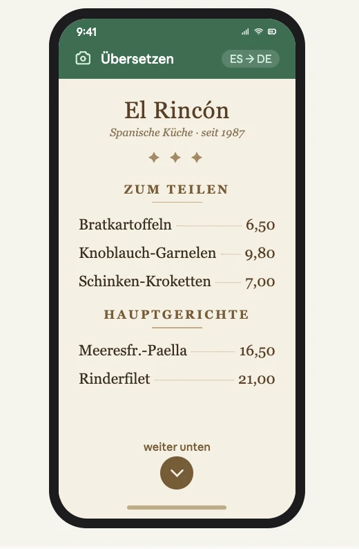 Bildschirmfoto einer Speisekarte auf deutsch auf einem Android Smartphone
