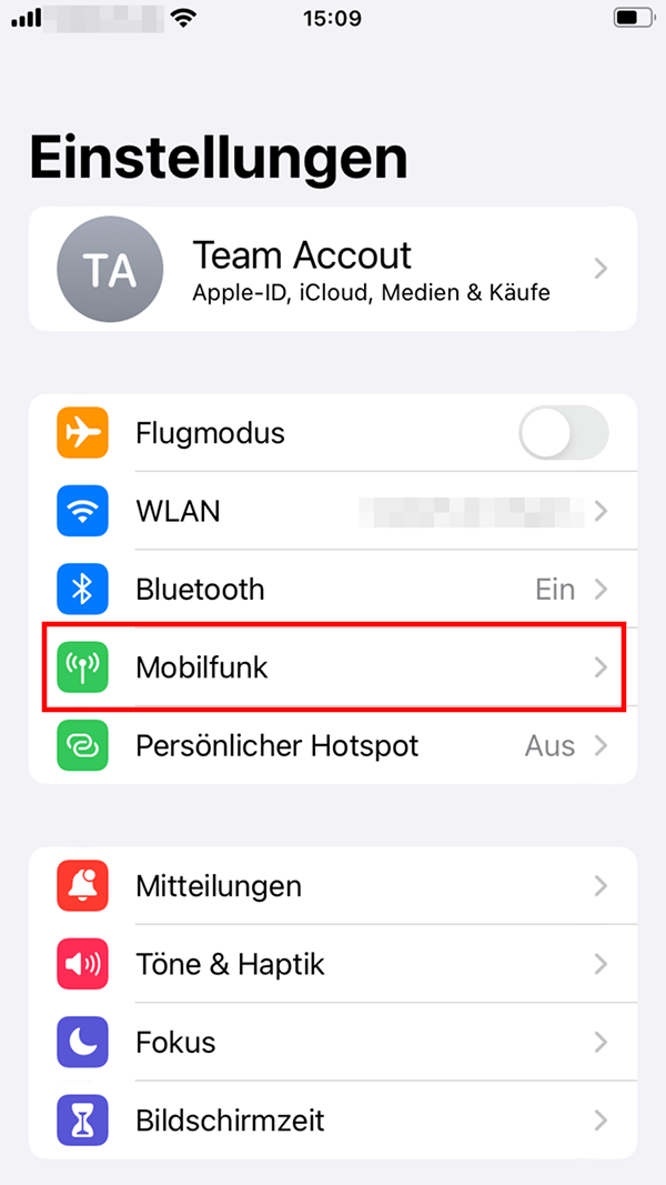 „Mobilfunk“ in den iPhone-Einstellungen