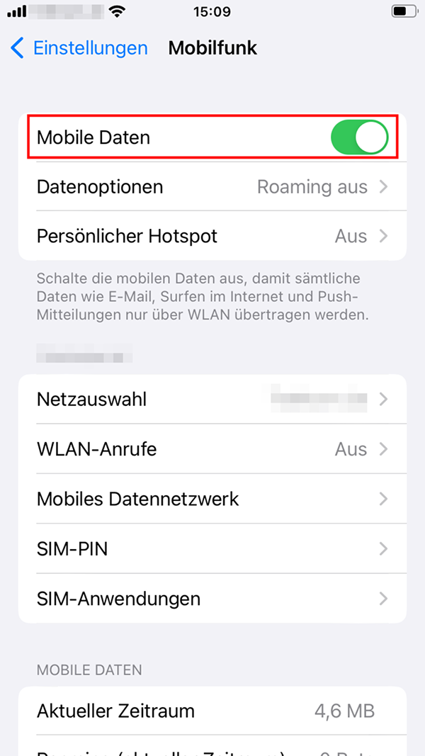 Mobile Daten im iPhone-Menü „Mobilfunk“