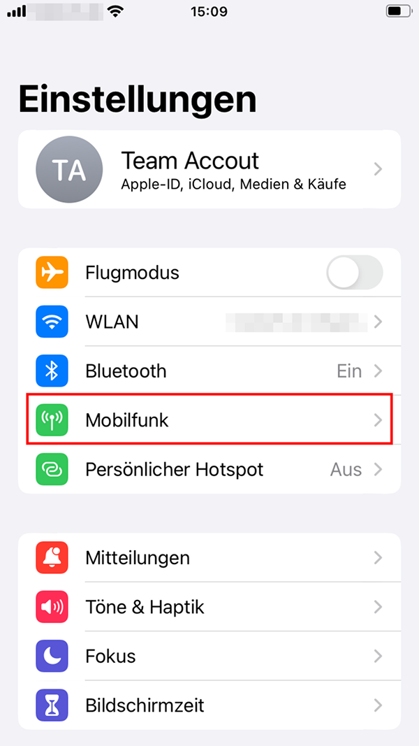 iOS-Einstellungen: „Mobilfunk“-Schaltfläche