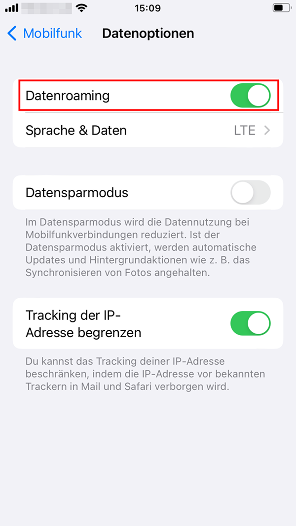 Aktiviertes Datenroaming in iOS