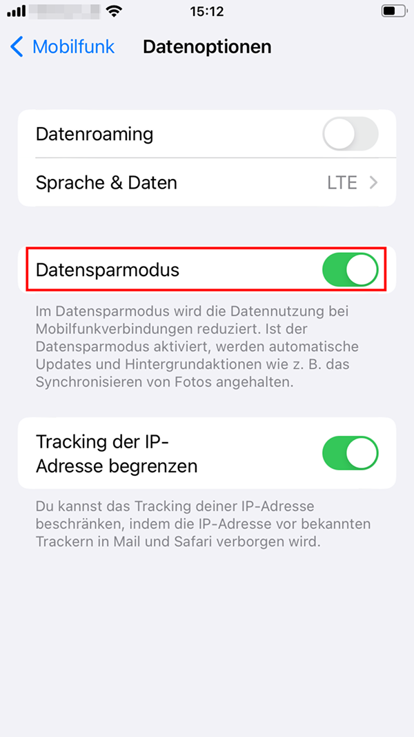 Aktivierter Datensparmodus in iOS