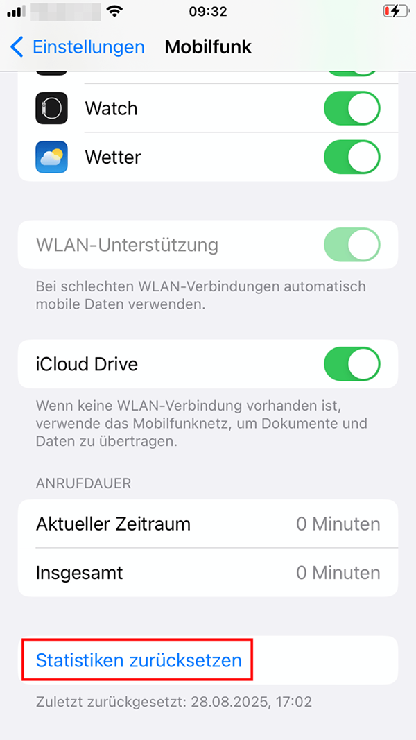 „Statistiken zurücksetzen“-Schaltfläche im „Mobilfunk“-Menü