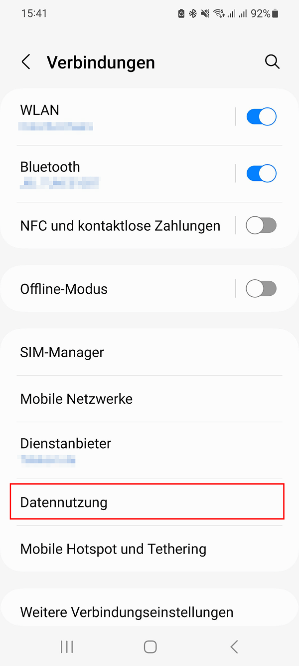 „Datennutzung“-Schaltfläche im Verbindungsmenü von Android