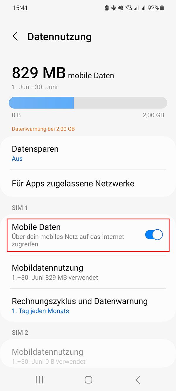 Android-Menü „Datennutzung“: Mobile Daten aktiviert