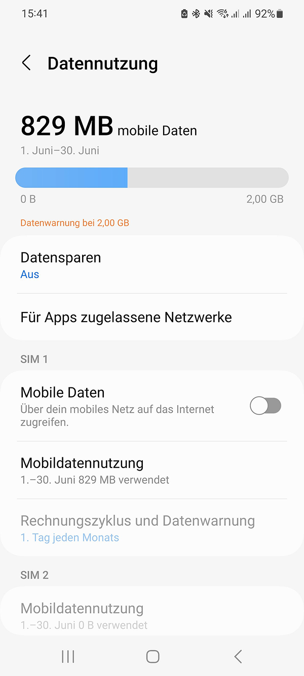 Android-Menü „Datennutzung“