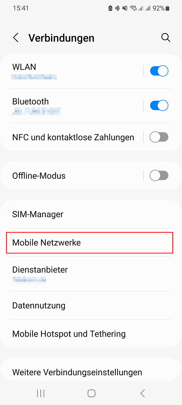 „Mobile Netzwerke“-Schaltfläche im Verbindungsmenü von Android