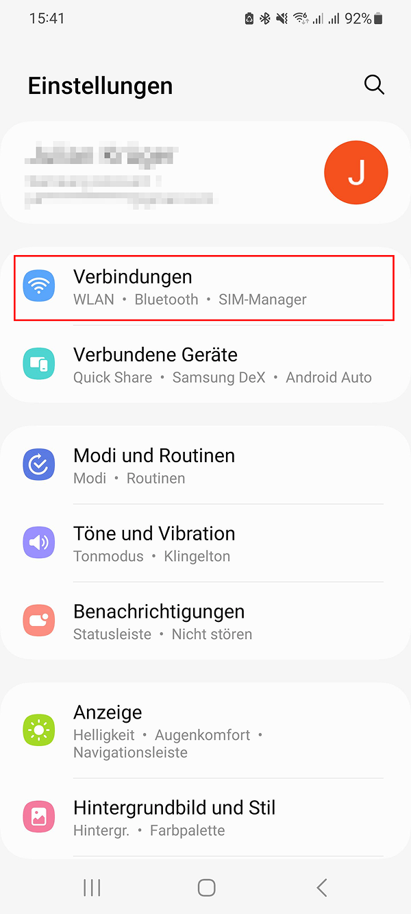 „Verbindungen“-Schaltfläche in den Android-Einstellungen