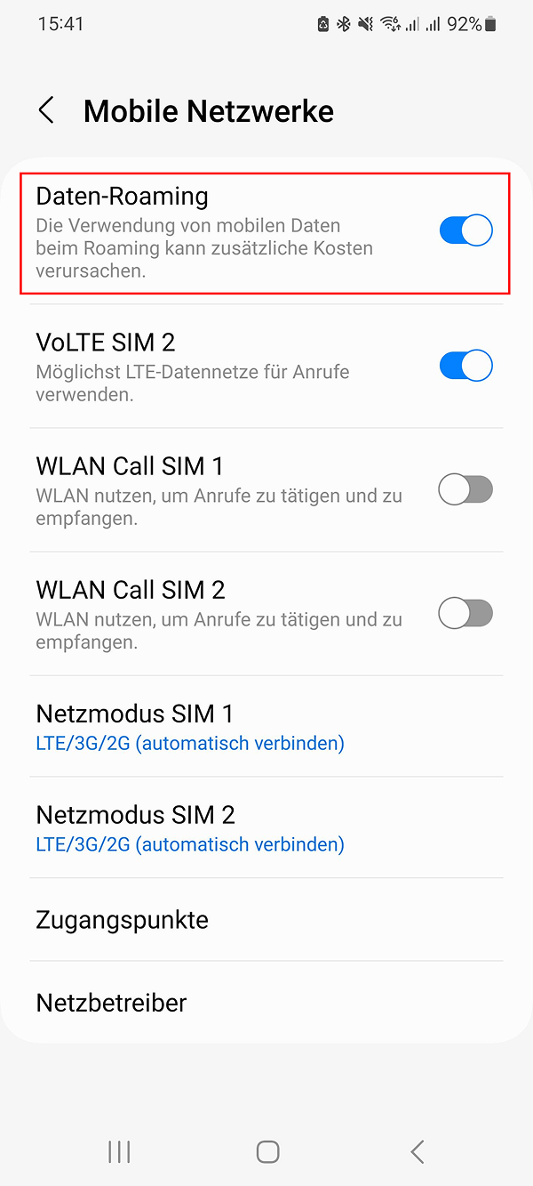 Android: Daten-Roaming aktiviert