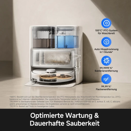  Weiße Reinigungsstation für Saugroboter mit transparenten Wassertanks und Hygienefunktionen wie Heißwasser-Wäsche, Mopp-Trocknung und Bakterienentfernung. 