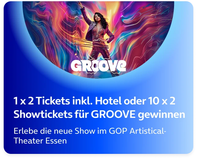  Person mit Hula-Hoop-Reifen vor buntem, abstraktem Hintergrund, darüber der Schriftzug „GROOVE“. 