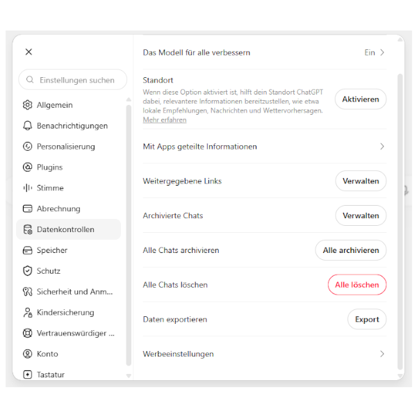 ChatGPT Menüpunkt „Datenkontrollen“