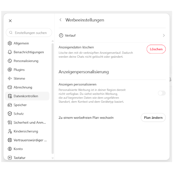 Werbeeinstellungen in ChatGPT
