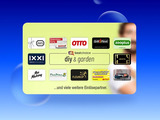  Eine Grafik, die das "bestchoice diy & garden" Logo in der Mitte zeigt, umgeben von Logos verschiedener Partner wie OTTO, Grillfürst, zooplus oder home24. Darunter steht der Text "...und viele weitere Einlösepartner. 