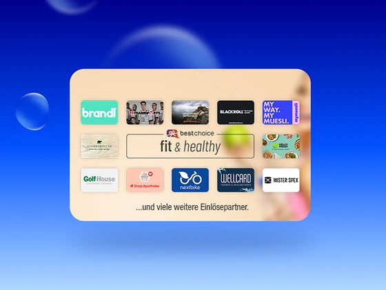  Fit & Healthy Gutscheinkarte mit verschiedenen Partnerlogos auf blauem Hintergrund 