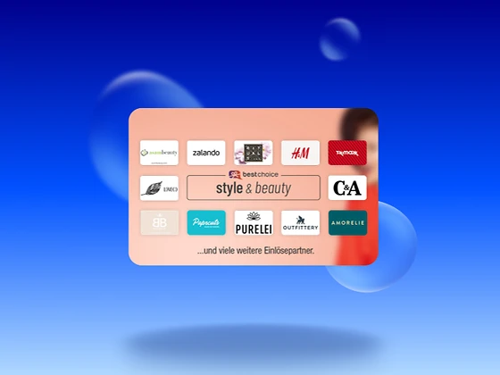  Eine Grafik, die das "bestchoice style & beauty" Logo in der Mitte zeigt, umgeben von Logos verschiedener Partner wie asambeauty, Zalando, H&M, TK Maxx, C&A, LOVECO, Paprcuts, PURELEI, OUTFITTERY und AMORELIE. Darunter steht der Text "...und viele weitere Einlösepartner. 