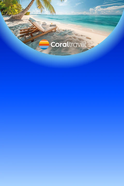  Strand mit Palme und Liegestuhl am türkisfarbenen Meer, Logo von Coral Travel im Vordergrund 