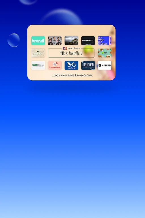  Fit & Healthy Gutscheinkarte mit verschiedenen Partnerlogos auf blauem Hintergrund 