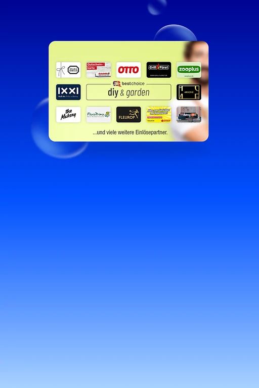  Eine Grafik, die das "bestchoice style & beauty" Logo in der Mitte zeigt, umgeben von Logos verschiedener Partner wie asambeauty, Zalando, H&M, TK Maxx, C&A, LOVECO, Paprcuts, PURELEI, OUTFITTERY und AMORELIE. Darunter steht der Text "...und viele weitere Einlösepartner. 