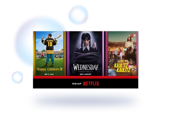  Dreifachgrafik mit Happy Gilmore 2, Wednesday und Kaulitz & Kaulitz abgebildet auf blauem Hintergrund 