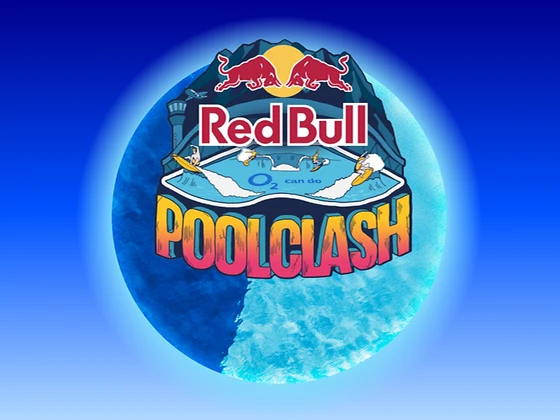  Logo mit zwei roten Bullen, Surfern im Pool und dem Text Red Bull Pool Clash in bunten Farben. 