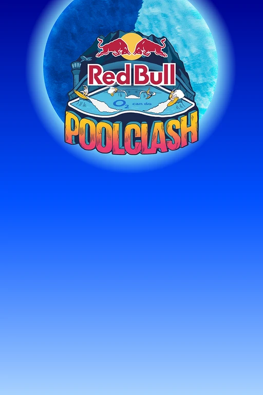  Logo mit zwei roten Bullen, Surfern im Pool und dem Text Red Bull Pool Clash in bunten Farben. 