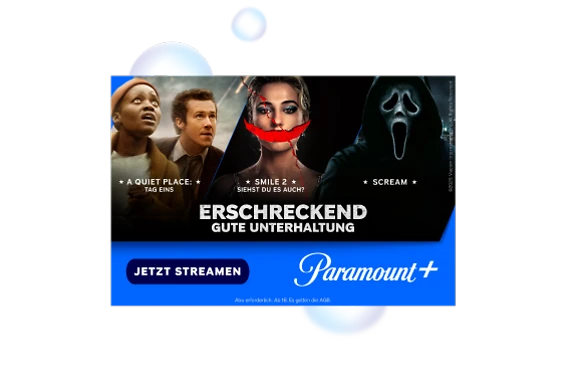  Paramount+ Werbebanner mit Horrorfilmen ‚A Quiet Place: Tag Eins‘, ‚Smile 2‘, ‚Scream‘ und Slogan ‚Erschreckend gute Unterhaltung‘. 