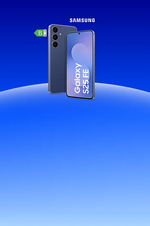  Rück- und Vorderansicht des Samsung Galaxy S25 FE in Navy. Links ist die Rückseite mit drei vertikal angeordneten Kameralinsen und LED-Blitz zu sehen, rechts die Vorderseite mit zentrierter Frontkamera und Display, auf dem der Schriftzug Galaxy S25 FE erscheint. Links daneben das Energielabel B. 