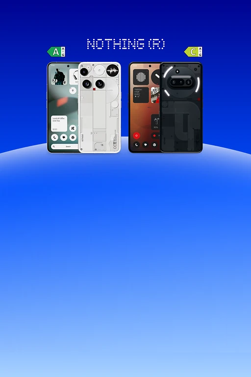  Zwei Nothing-Handys mit Vorder-/Rückseite, Phone 3 in weiß mit Energielabel A und Phone 3a in schwarz mit Energielabel C, darüber das NOTHING(R)-Logo. 