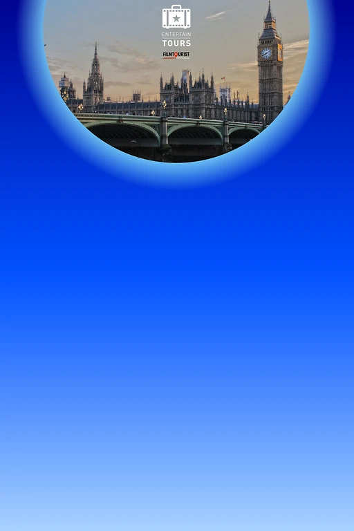  Blick auf den Big Ben und die Houses of Parlament in London bei Abendlicht. Darüber das Logo von Entertain Tours auf hellem Hintergrund. 